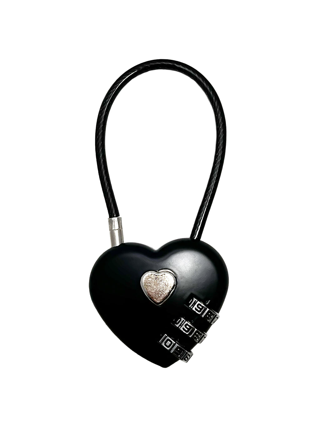 LoveBeats Black Heart Lock Charm, a close-up of the heart-shaped travel padlock with a combination dial and flexible wire shackle, isolated on white.
