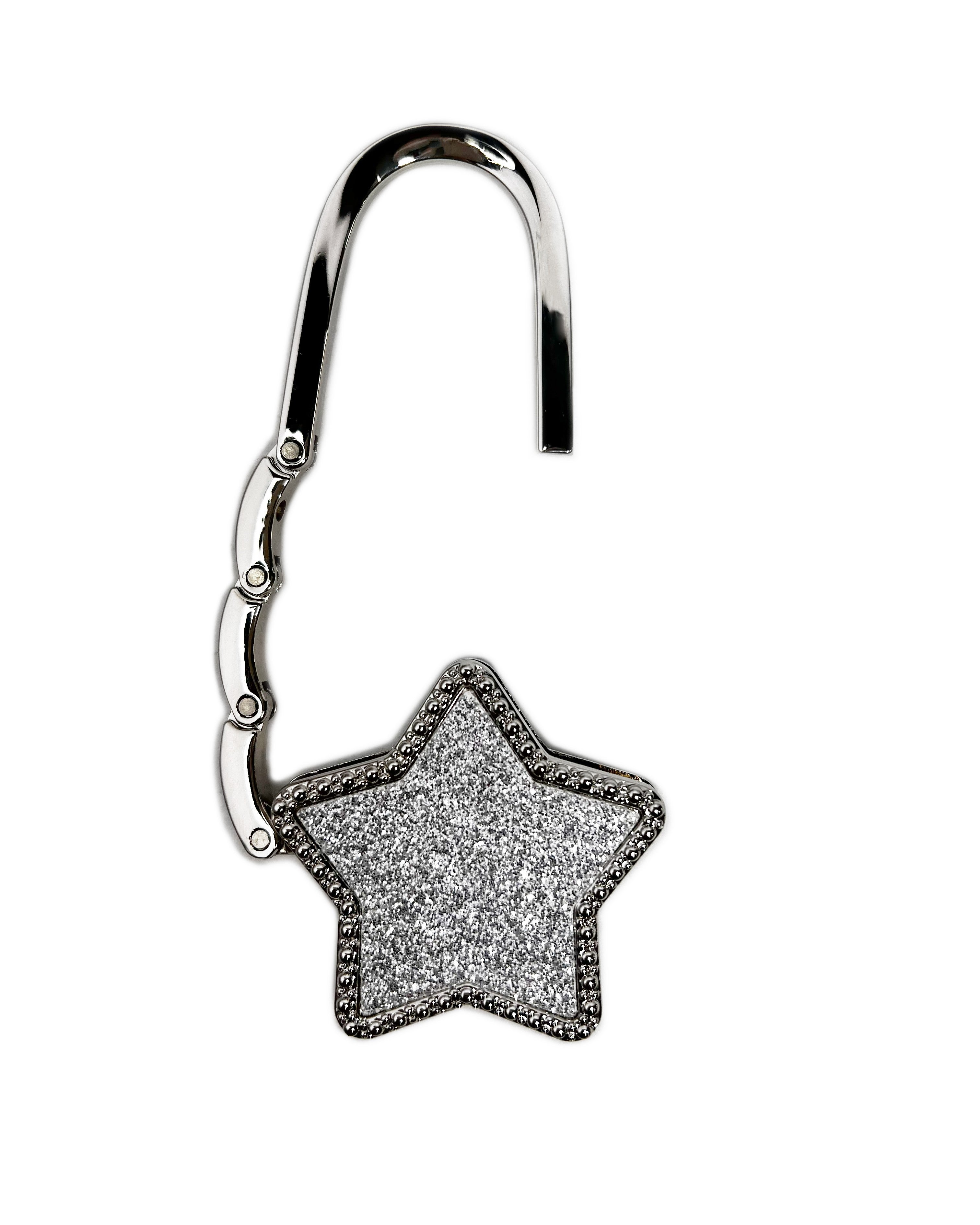 LoveBeats Crystal Star Purse Hook, shown fully open with the polished silver hook extended and the sparkling crystal star detail.