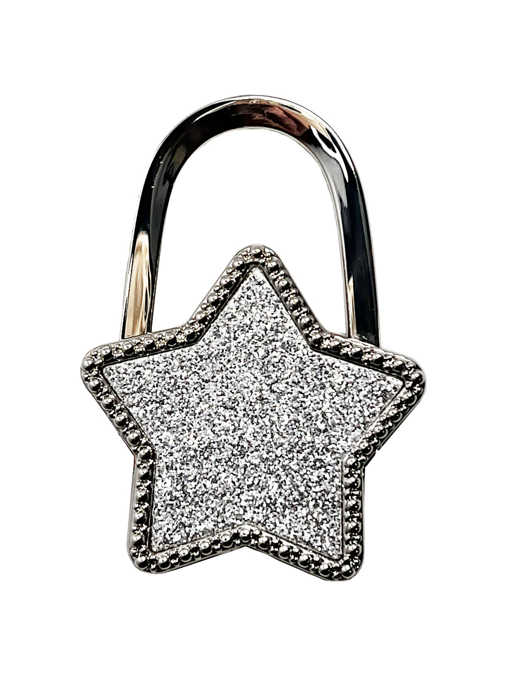 LoveBeats Crystal Star Purse Hook, a sparkling silver foldable bag holder with crystal pave design, in its closed, compact form, isolated on a white background.
