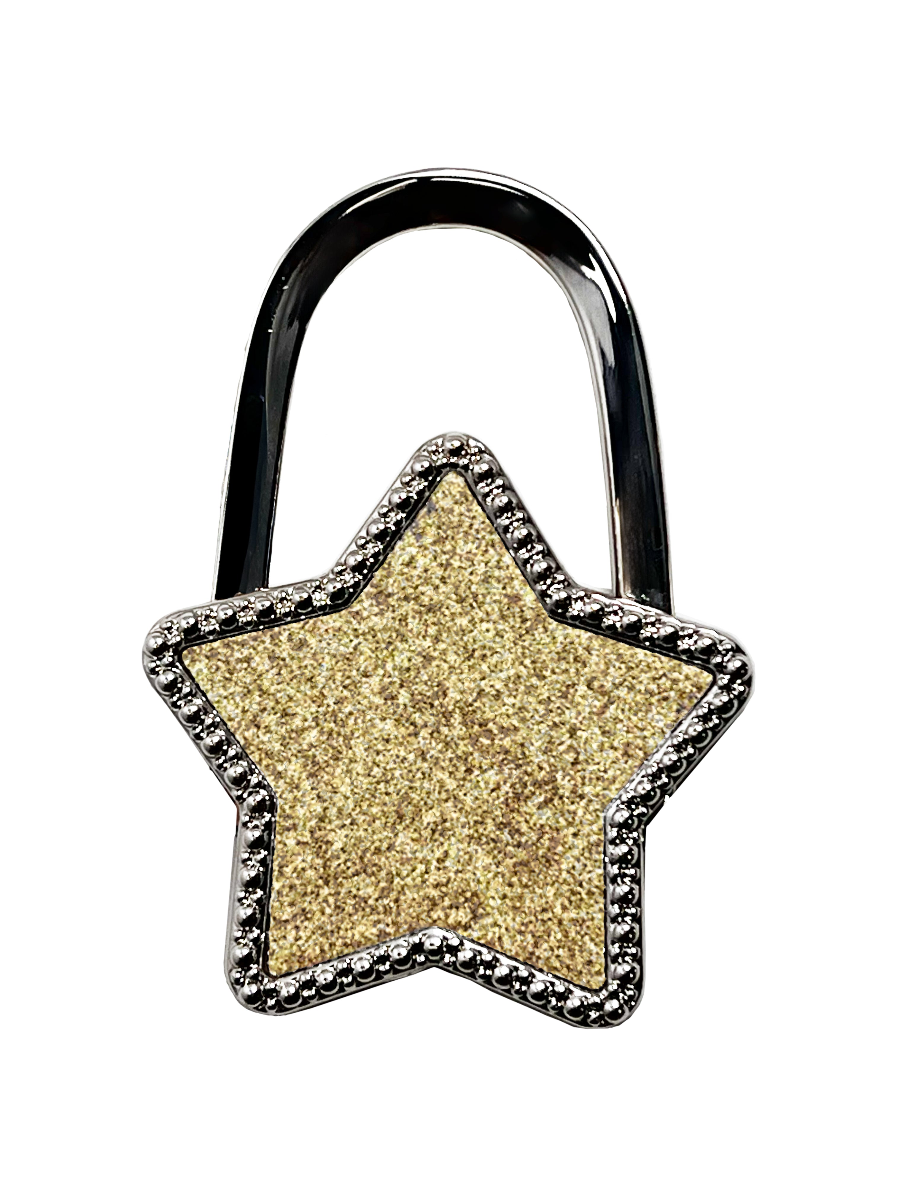 LoveBeats Gold Crystal Star Purse Hook, a sparkling gold foldable bag holder with crystal pave design, in its closed, compact form, isolated on a white background.