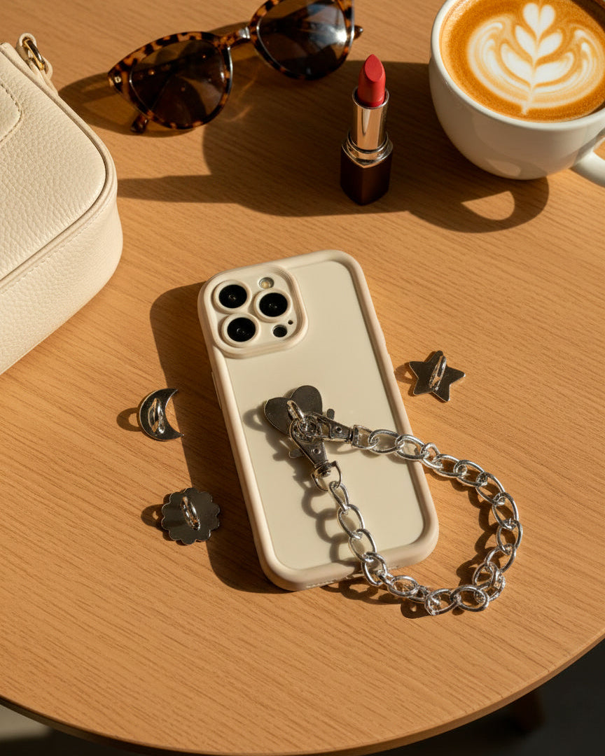 LoveBeats Heart Phone Charm Holder attached to a phone case with a silver chain, styled on a table with sunglasses, lipstick, and a handbag.