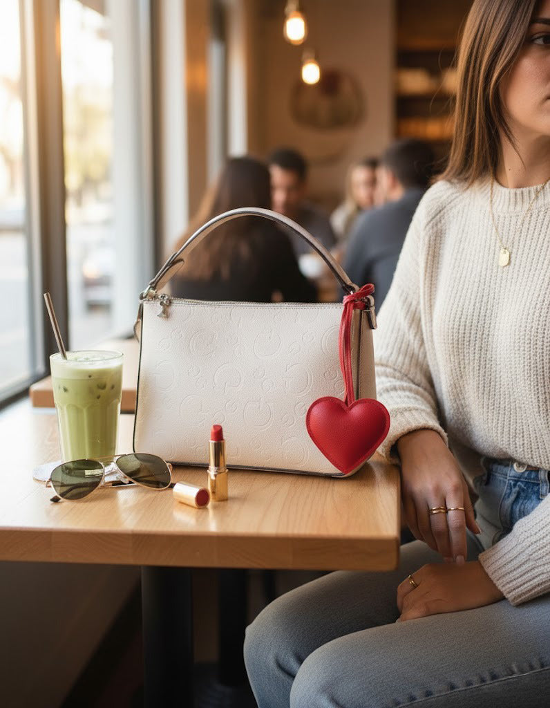 LoveBeats Heart Puffy Charm attached to a white handbag, displayed on a cafe table next to lipstick and sunglasses.