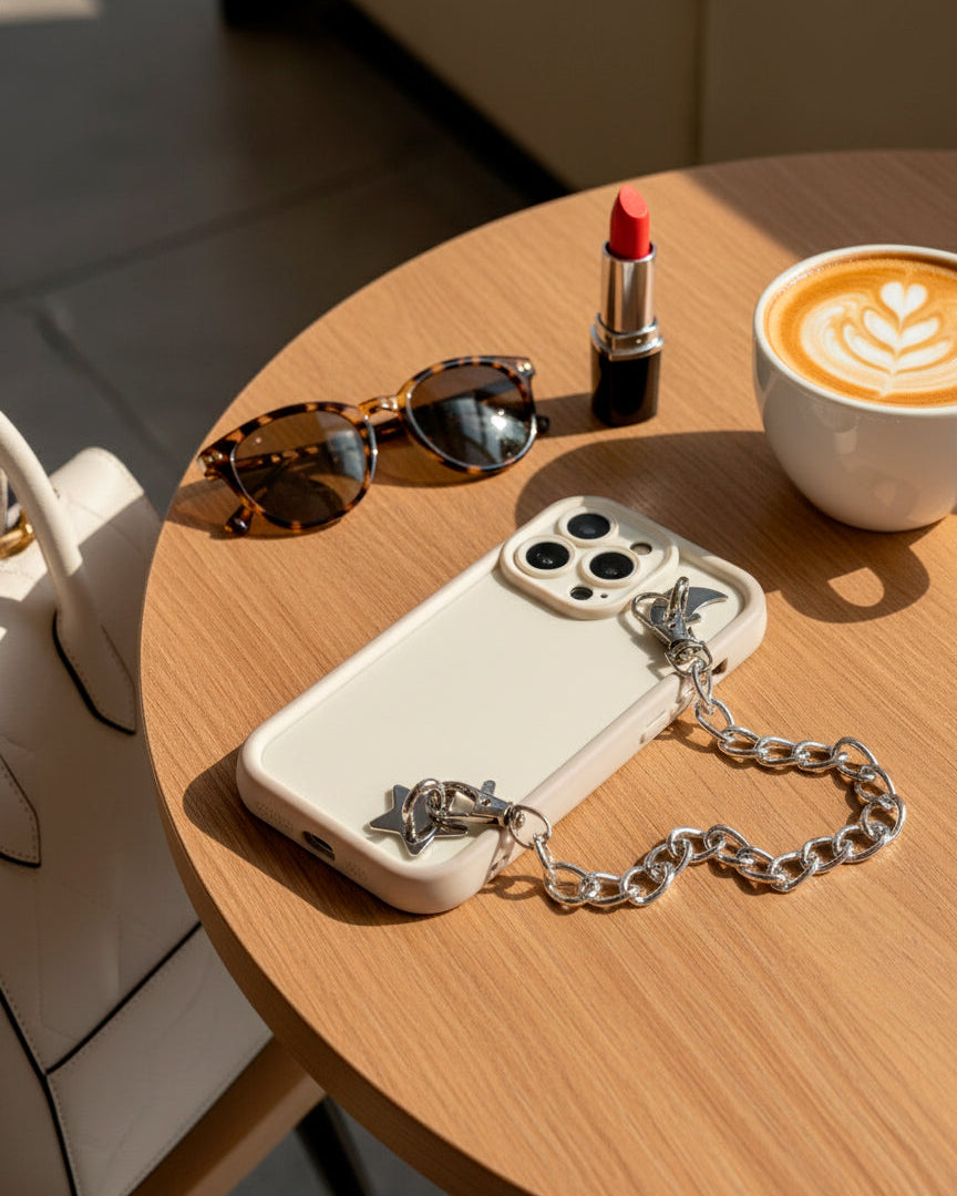 LoveBeats Phone Charm Holder with a silver chain attached to a white phone case, styled on a cafe table with coffee, lipstick, and sunglasses.