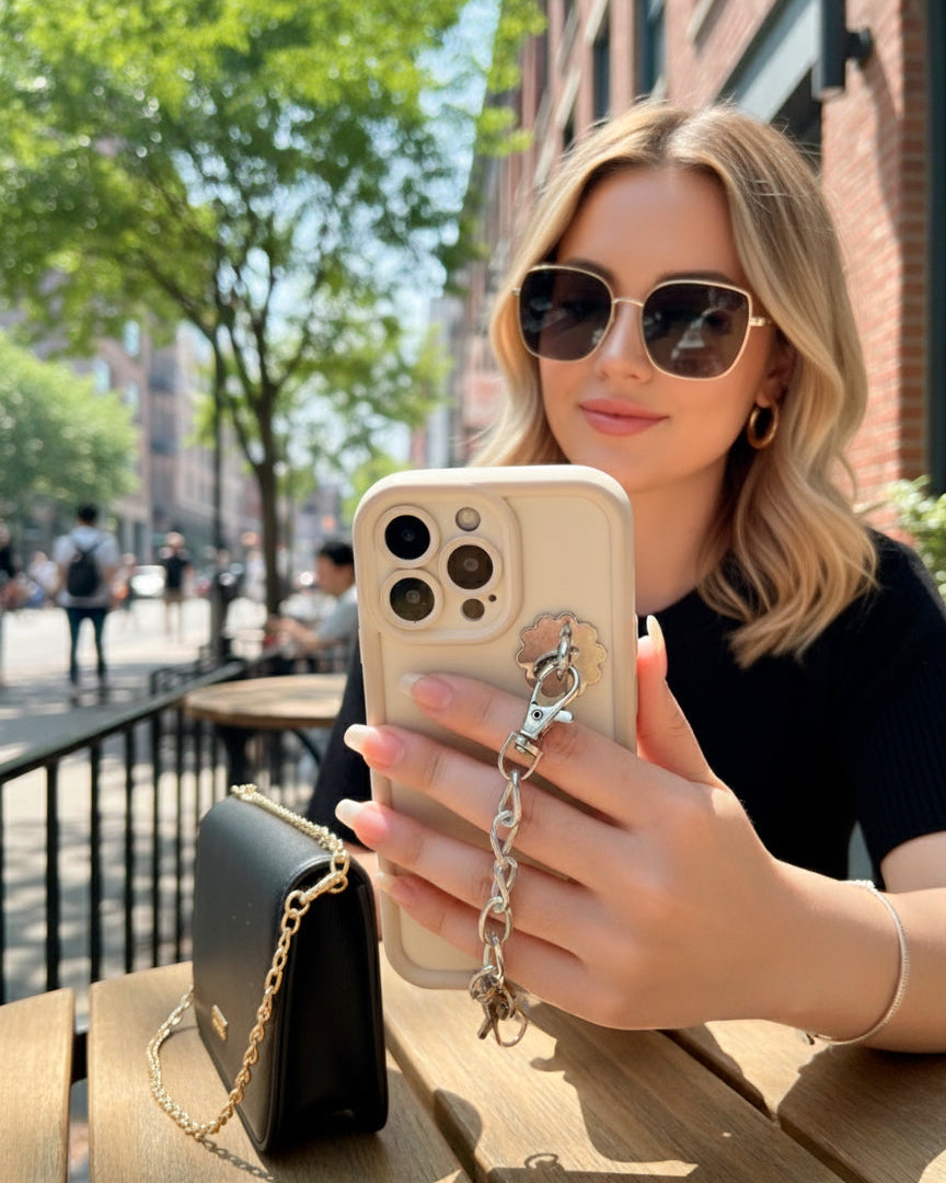 Woman wearing sunglasses using her phone with the LoveBeats Floral Phone Charm Holder and chain attached, sitting at an outdoor cafe.