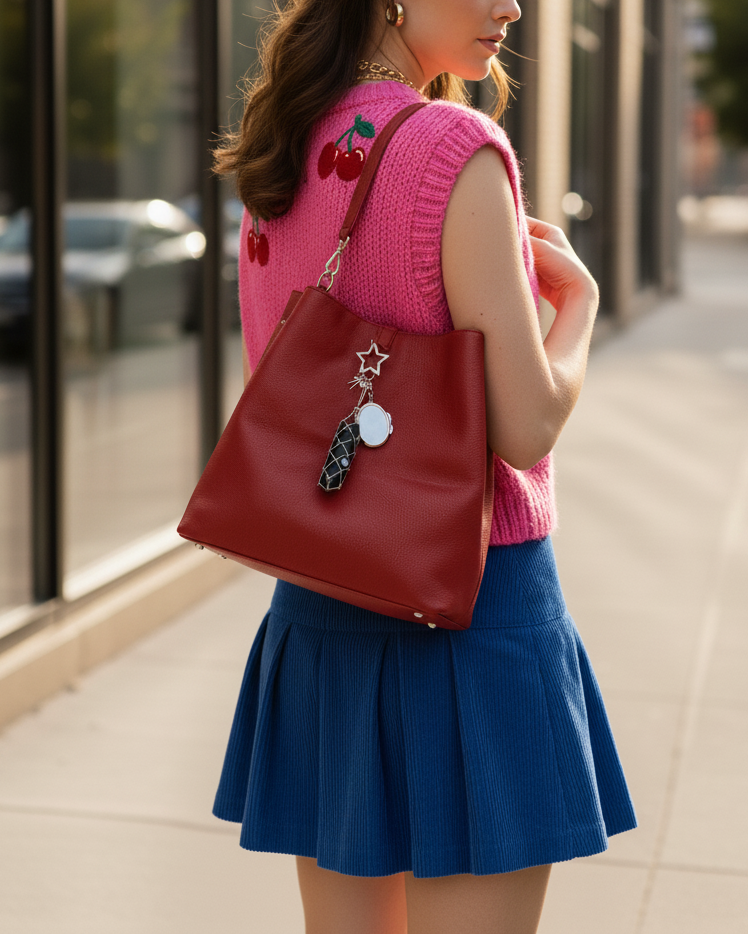 LoveBeats Star Lipstick Holder charm with a mirror attached to a red leather shoulder bag, worn by a woman in a pink top and blue skirt.