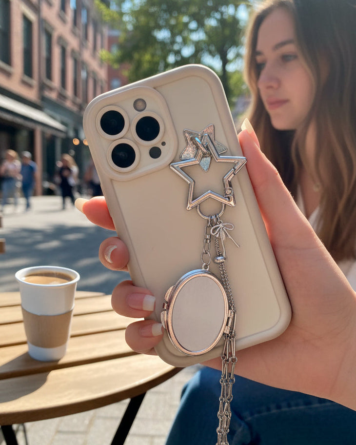 Woman holding a phone with the LoveBeats Star Phone Charm Holder and decorative chain attached, sitting outdoors at a cafe.
