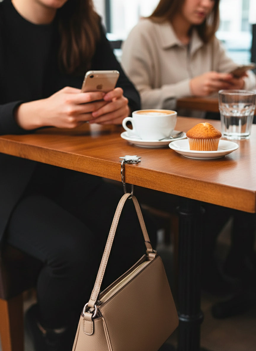 LoveBeats Crystal Star Purse Hook securing a beige shoulder bag to the edge of a wooden cafe table, while a person uses their phone.