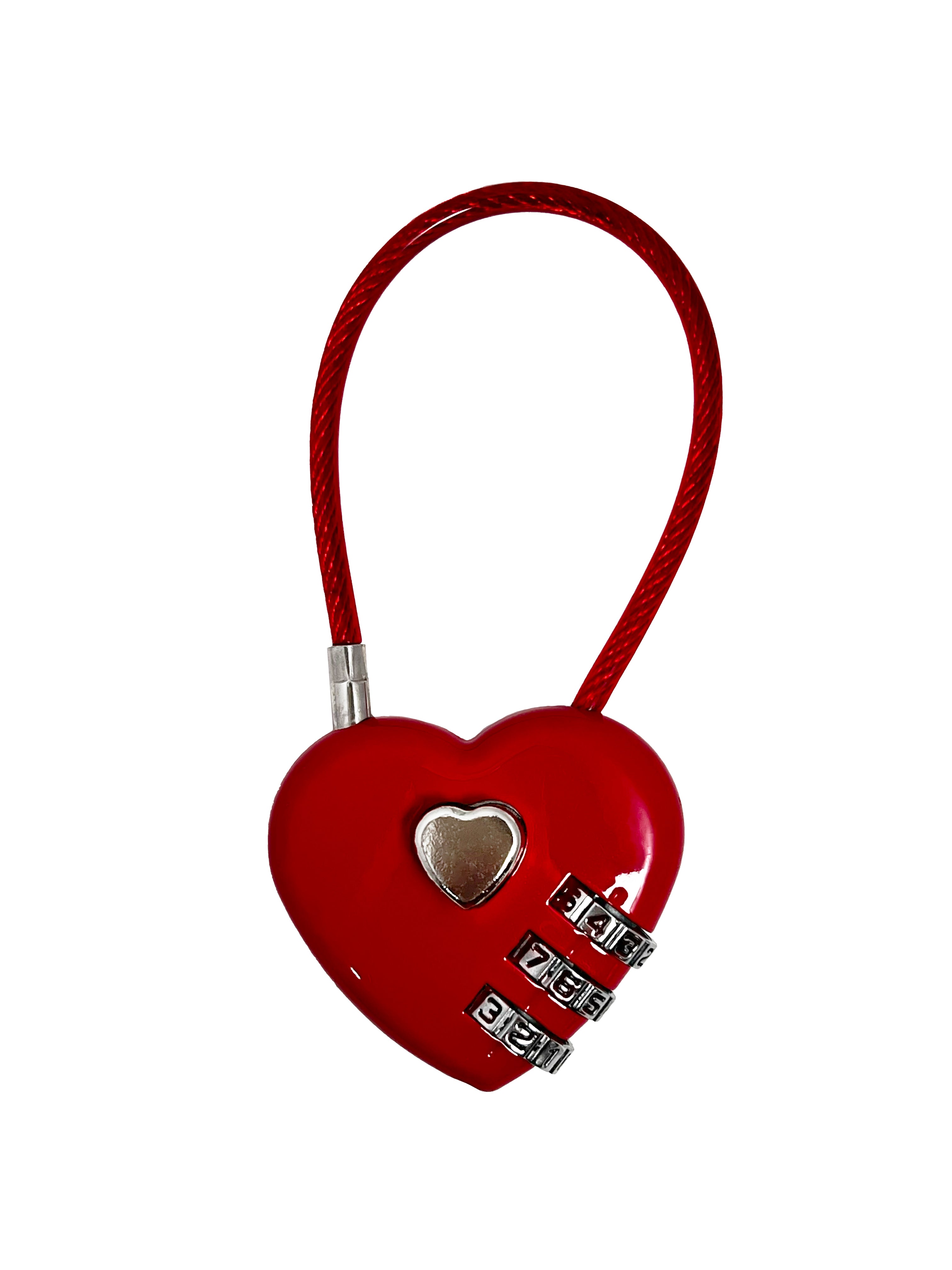 LoveBeats Red Heart Lock Charm, a close-up of the glossy red travel padlock with a silver combination dial and wire shackle, isolated on white.