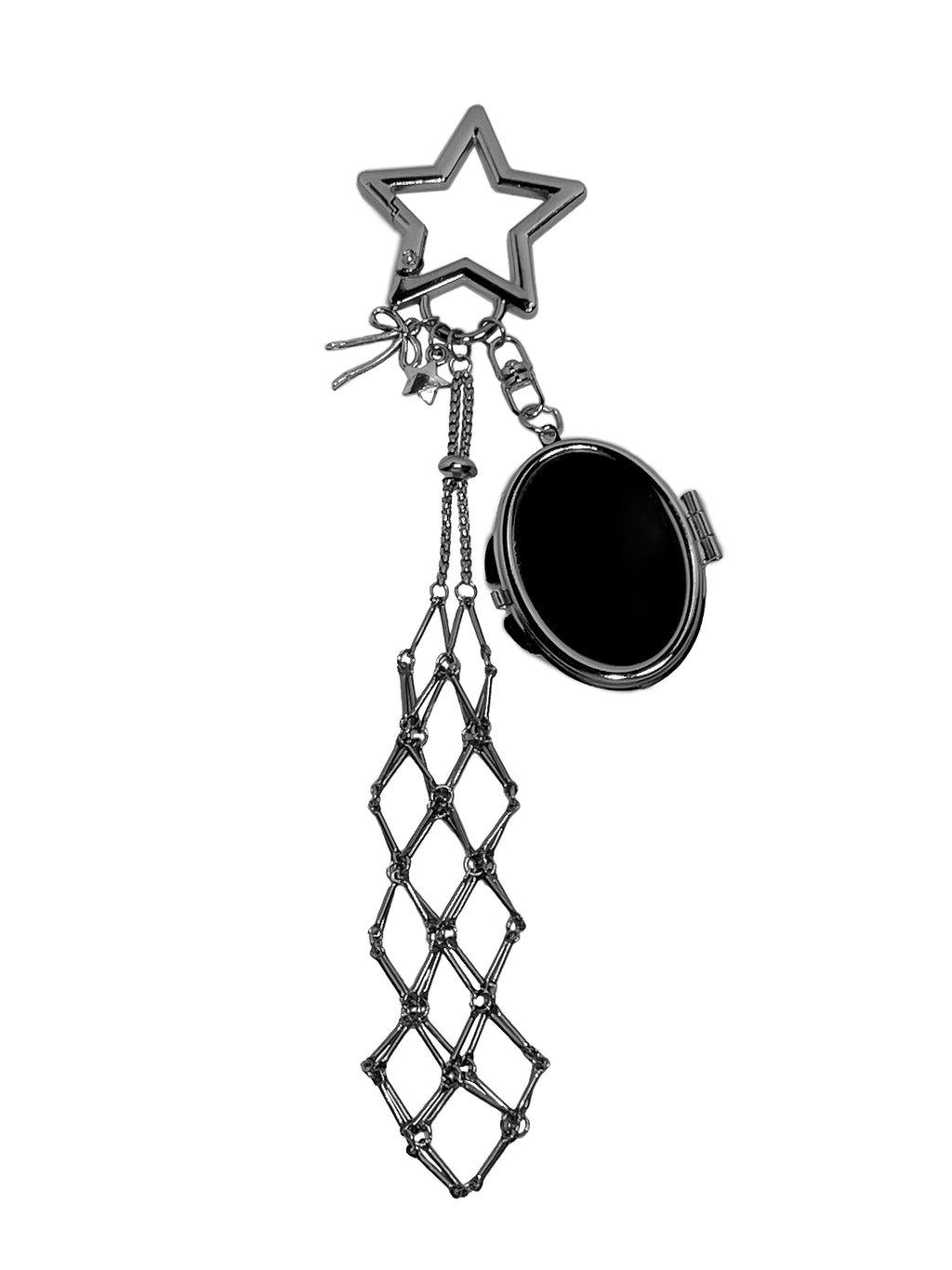 Star Lipstick Charm Holder in polished metal with a mirror. Elegant and functional bag charm accessory.